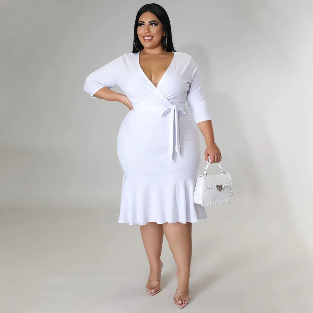 Plus Size Dress Fashion Solid Color Sexy V-neck Tie Bag Hip Ruffle Dress Western Style Women's Clothing Over Size Summer 2022
Plus Size Dress Fashion Solid Color Sexy V-neck Tie Bag Hip Ruffle Dress Western Style Women's Clothing Over Size Summer 2022