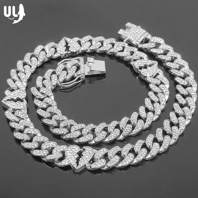 

ULJ Hip Hop Broken Heart Cuban Chain Iced Out Bling Necklace Men Women 13mm Width Chains Hiphop Crystal Fashion Jewelry