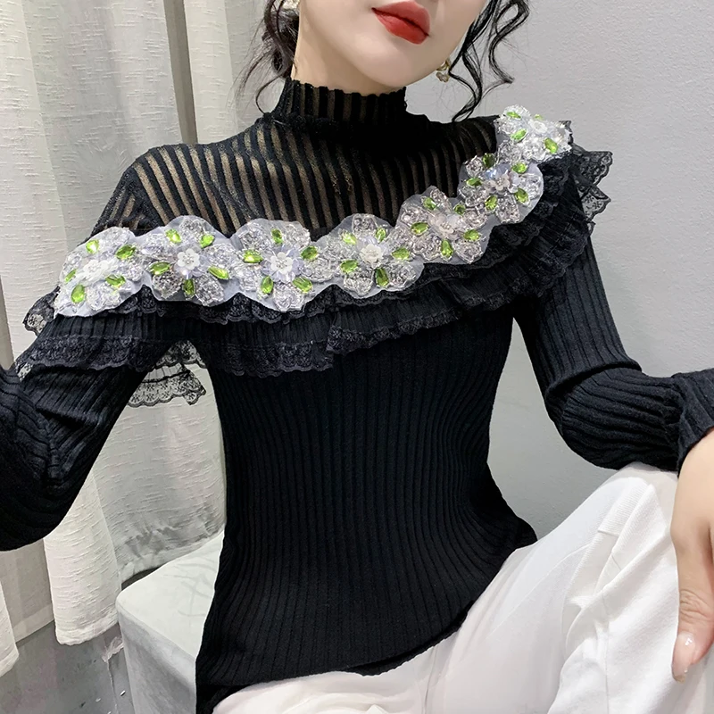Autumn Winter Sweater Pullover Women Long Sleeve Beading Half Turtleneck Patched Lace Ruffles Top Girls Knitted Jumpers
Autumn Winter Sweater Pullover Women Long Sleeve Beading Half Turtleneck Patched Lace Ruffles Top Girls Knitted Jumpers