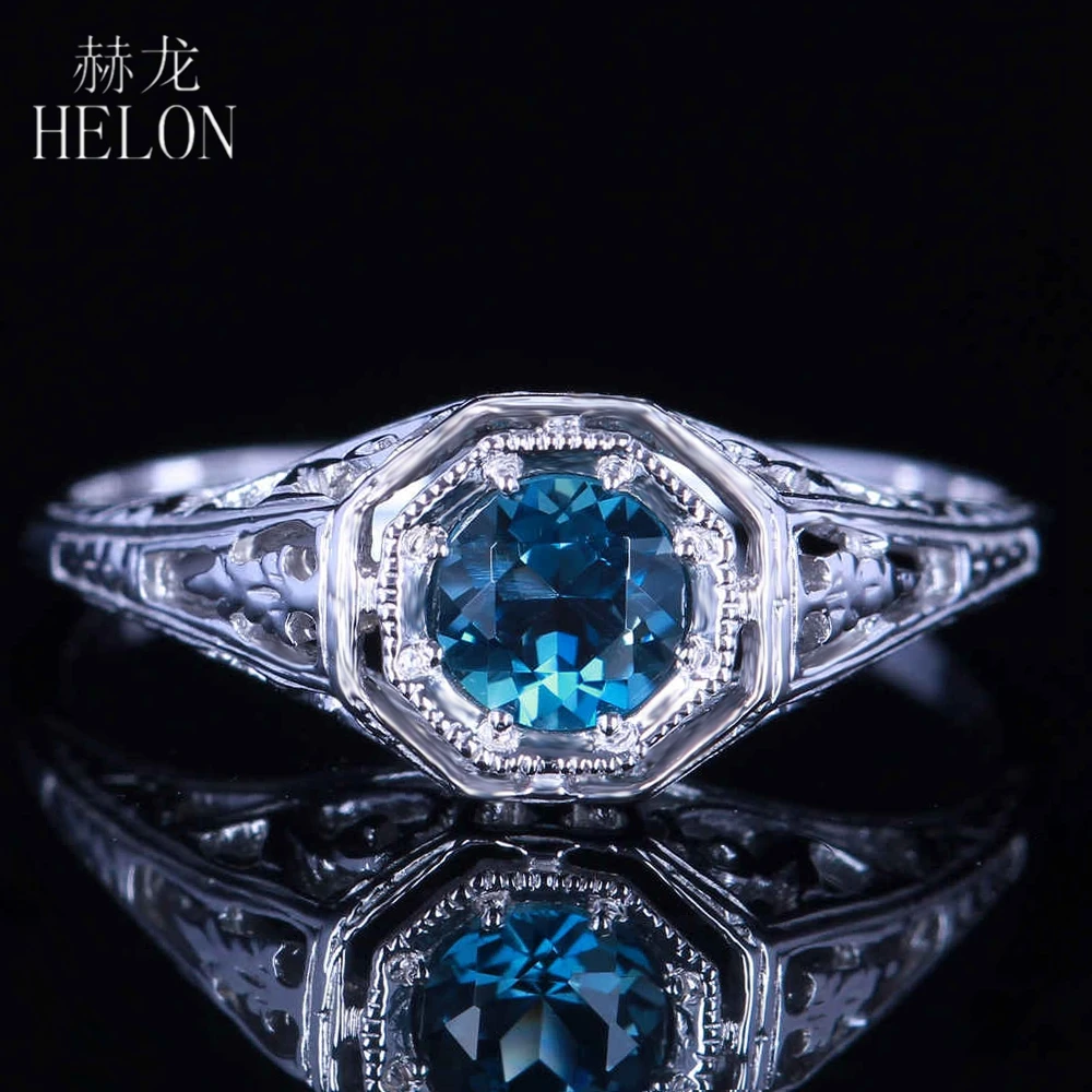 

Однотонное обручальное кольцо HELON с белым золотом 10 карат, 4,5 мм, с круглым 100% натуральным синим топазом, обручальное кольцо, женское искусст...