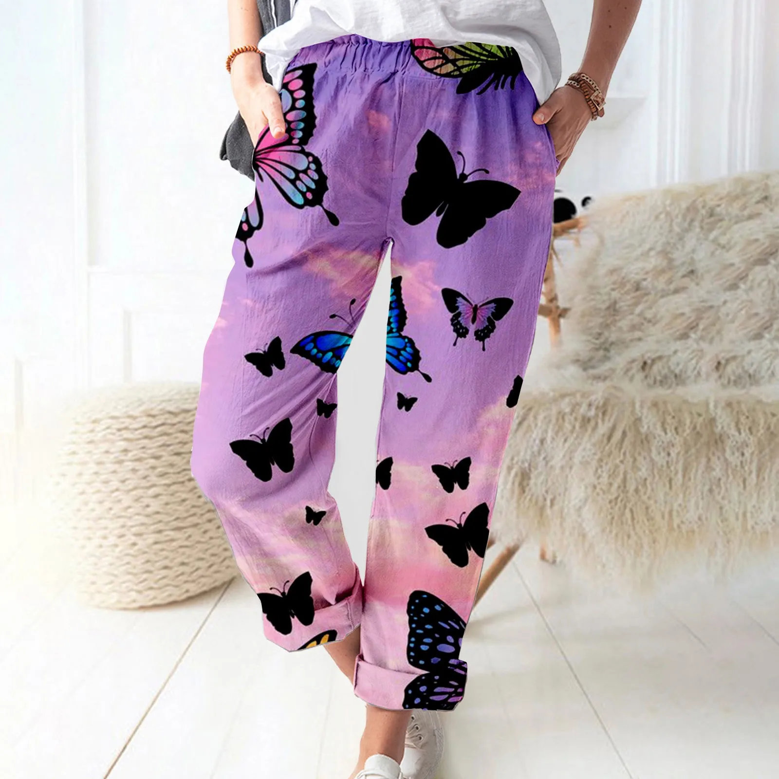 Women's Printed Cotton And Linen Pockets Casual Fashion Pants Smocked Women 
Women's Printed Cotton And Linen Pockets Casual Fashion Pants Smocked Women