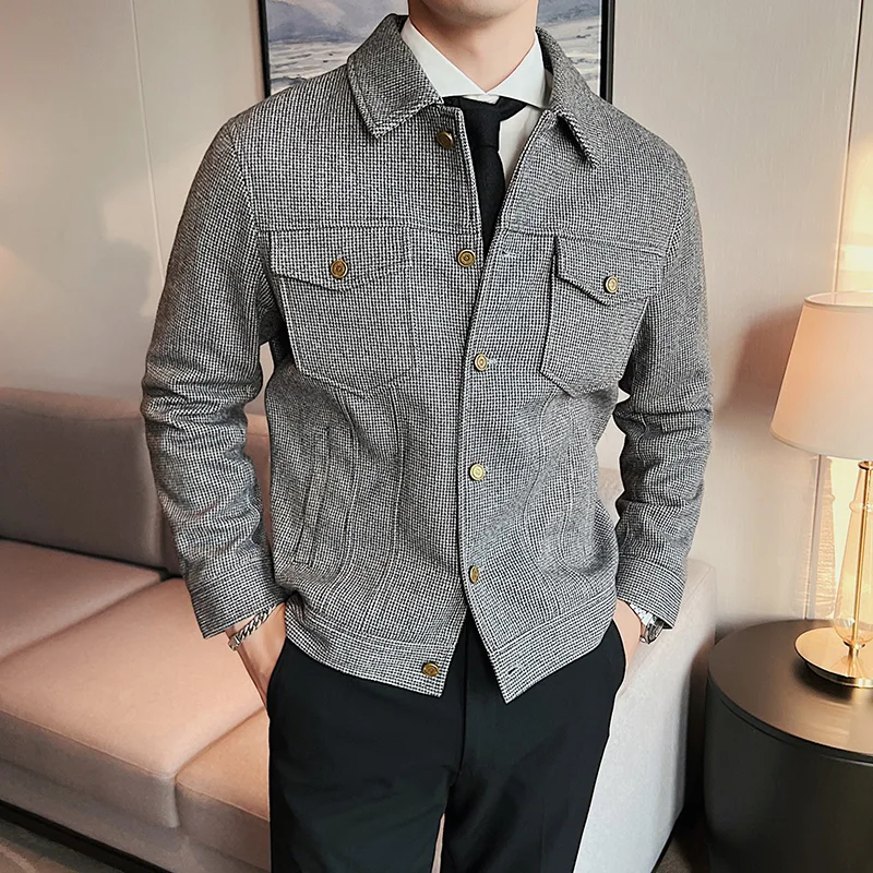Autumn Winter Woolen Jacket Men Houndstooth Slim Fit Lapel Short Casual Plaid Coat Business Social Windbreaker Men Clothing 2022
Autumn Winter Woolen Jacket Men Houndstooth Slim Fit Lapel Short Casual Plaid Coat Business Social Windbreaker Men Clothing 2022