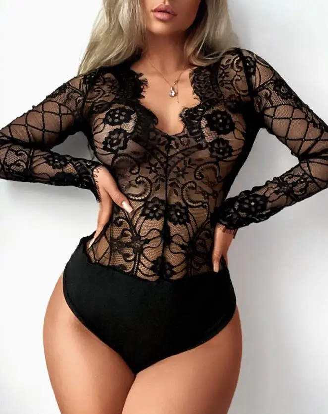 

Sexy Jumpsuit Women 2022 Summer Romantic Fashion Eyelash Lace Crochet Plain Long Sleeve Asymmetrical Neck Skinny Bodysuit Latest