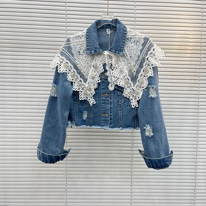 Lace Collar Blue Denim Jacket Women's New Autumn Heavy Nail Drill Splicing Jacket Tops Short Fashion Outer Jacket Women 2022
Lace Collar Blue Denim Jacket Women's New Autumn Heavy Nail Drill Splicing Jacket Tops Short Fashion Outer Jacket Women 2022