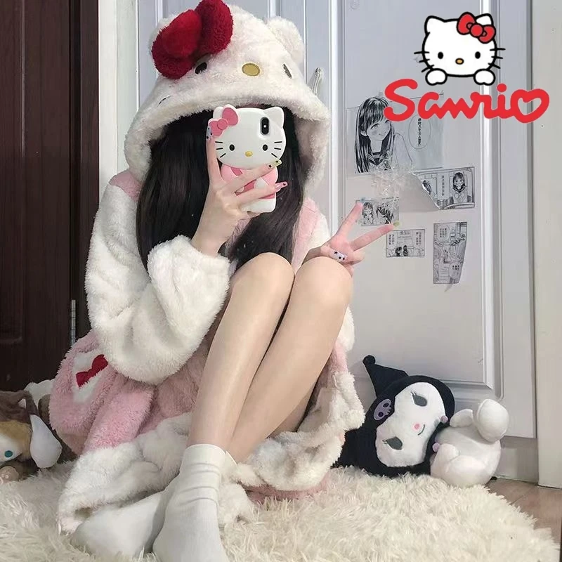 

Hello Kitty Kawaii Sanrio Cute Bow Furry Pajamas Autumn And Winter Sweet Girl Long Pajama Anime Plush Couple Loungewear Soft Wea