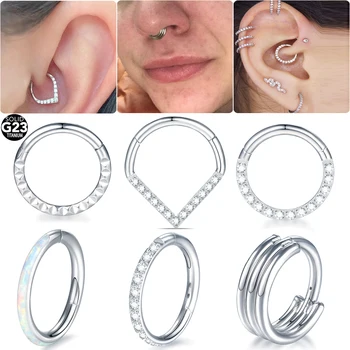 1PC Titanium Nose Rings CZ Hinged Septum Clicker Rings Nariz Piercing Ear Cartilage Tragus Helix Daith Lip Piercing Nez Opal 16G