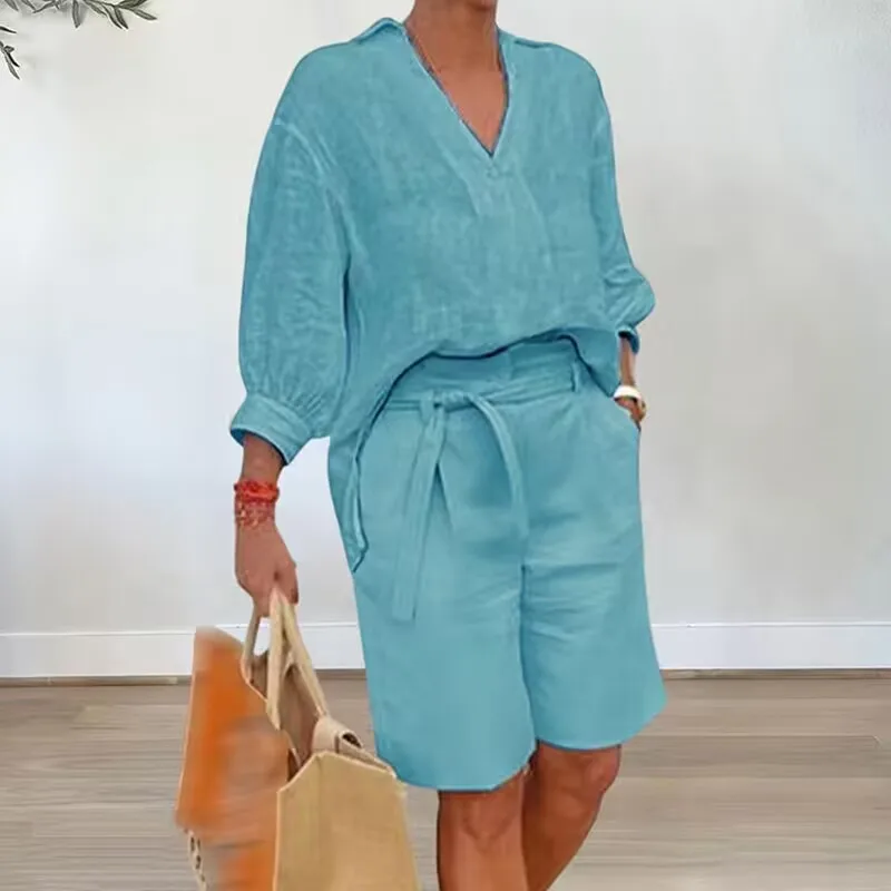 Fashion Casual Cotton Linen Loose Sets Female V Neck Long Sleeve Shirt+High Waist Shorts 2pc Set Summer Simple Solid Street Suit
Fashion Casual Cotton Linen Loose Sets Female V Neck Long Sleeve Shirt+High Waist Shorts 2pc Set Summer Simple Solid Street Suit