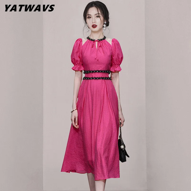 

New Elegant Beading Hanging Neck Dresses Ladies O-Collar Summer Fashion Designer Off Shoulder High Waist Office A-Line Midi Dres