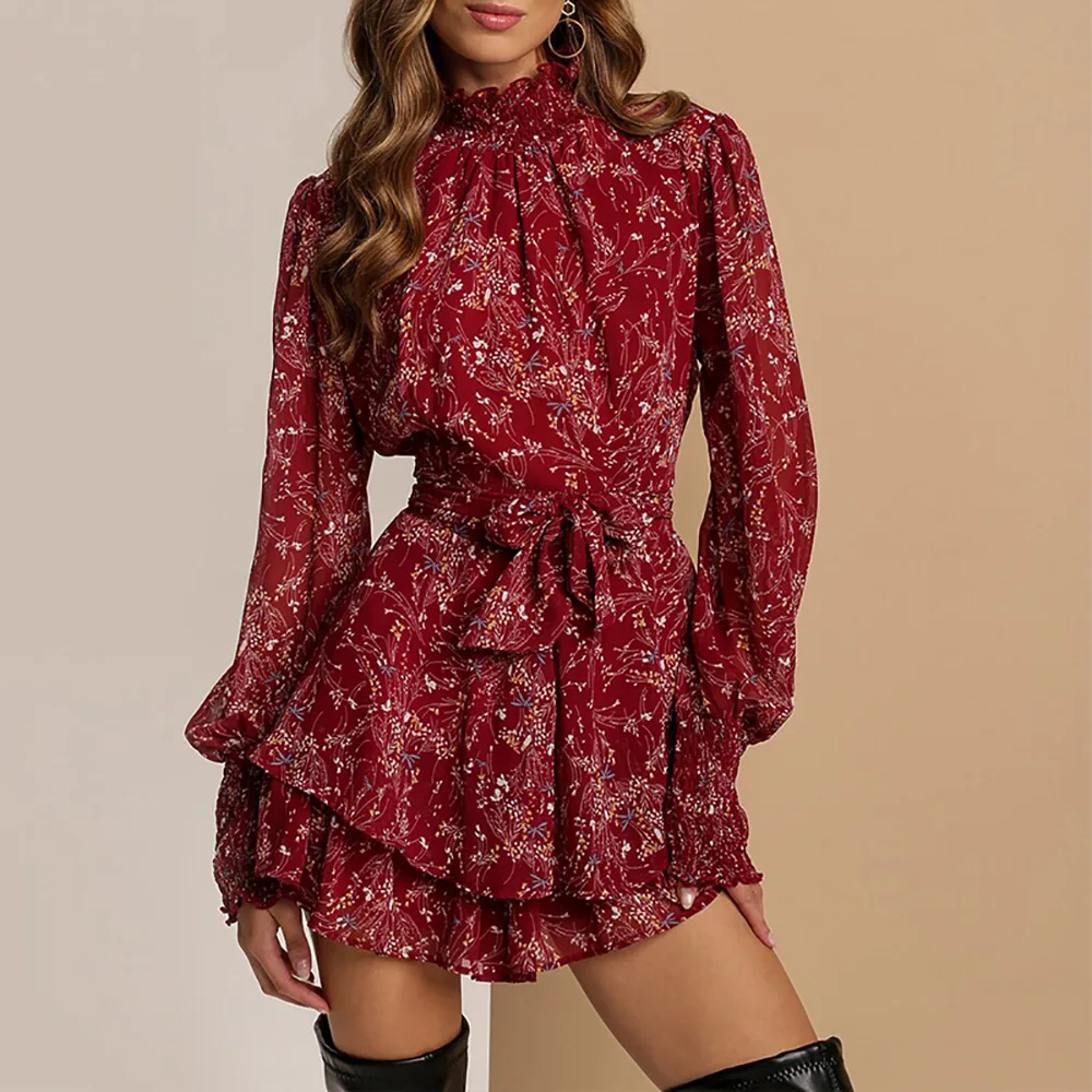 

Women floral dress 2022 autumn accept waist floral print round collar brim ruffled mini Dresses Casual Vestidos