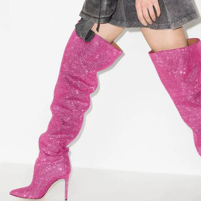 

Bling Bling Rhinestone Pointy Toe Over The Knee Boots Silver Black Fuchsia Crystal Wide Calf Fashion Modern Long Boots 11cm