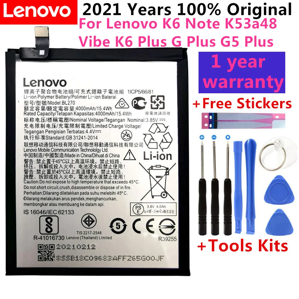 2021 Years 100% Original 4000mAh BL270 Battery For Lenovo K6 Note K53a48 Vibe K6 Plus G Plus G5 Plus battery +Tools Kits
2021 Years 100% Original 4000mAh BL270 Battery For Lenovo K6 Note K53a48 Vibe K6 Plus G Plus G5 Plus battery +Tools Kits