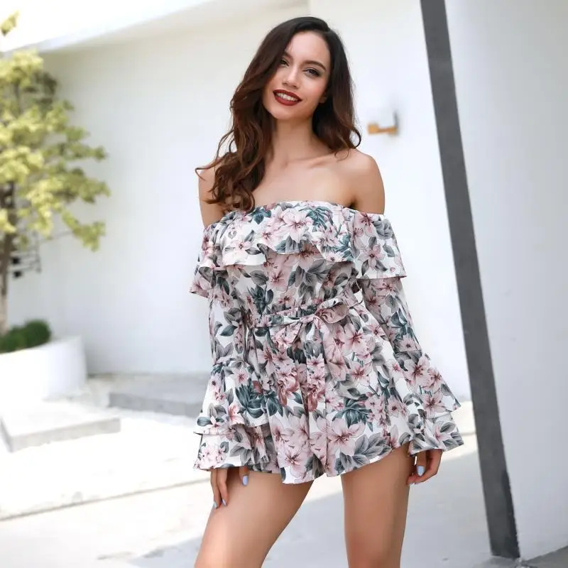 Bohemian Women's Sexy Slash Neck Playsuits Strapless Floral Belted Jumpsuit Long Flare Sleeve Rompers Ruffles Lace Up Shorts
Bohemian Women's Sexy Slash Neck Playsuits Strapless Floral Belted Jumpsuit Long Flare Sleeve Rompers Ruffles Lace Up Shorts