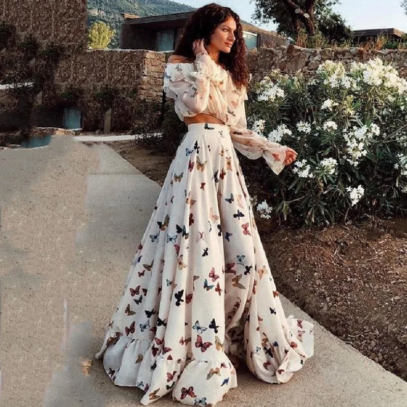 Women Spring Summer Butterfly Print Pairy Two-piece Bohemian High Waist Large Skirt Beach Long Skirt and Long Sleeve Sweet Tops
Women Spring Summer Butterfly Print Pairy Two-piece Bohemian High Waist Large Skirt Beach Long Skirt and Long Sleeve Sweet Tops
