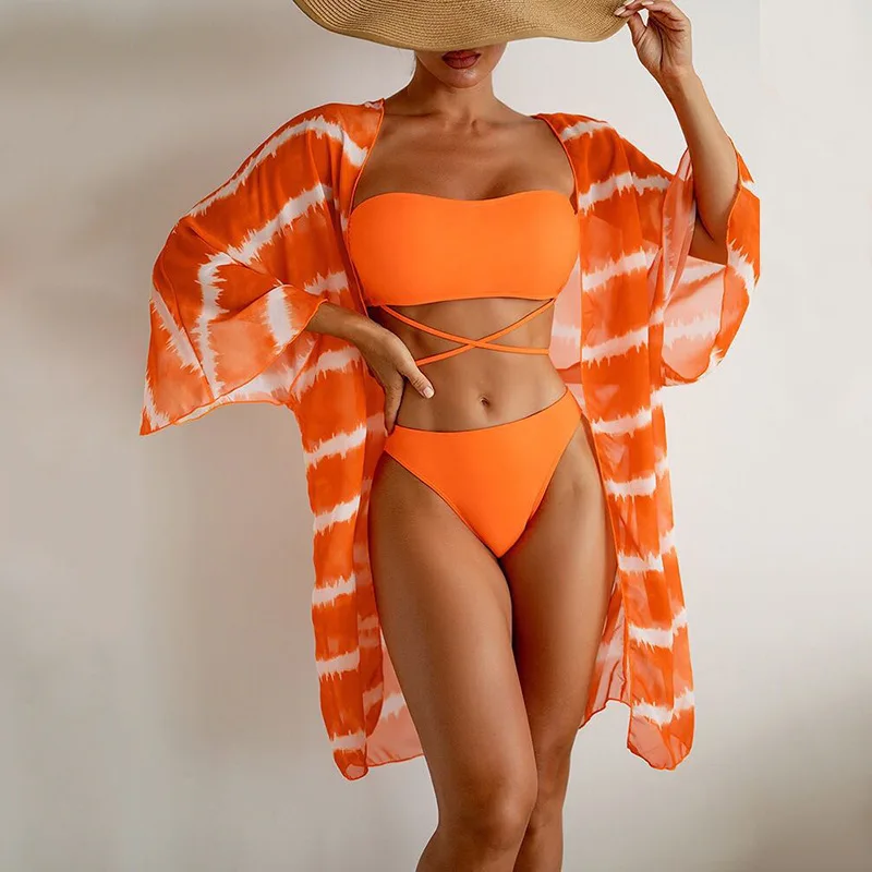 

Three Pieces Bandeau Bikini Set Cover Up Women 2023 New Criss Cross Swimsuit and Kimono Female Brazilian Beachwear Bathing Suit