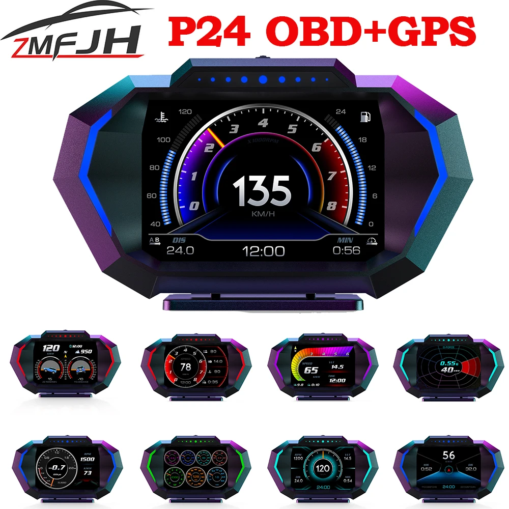 

P24 OBD2 GPS Speedometer Car Head Up Display HUD Diagnostic Fuel Consumption Tachometer Water Temp Gauge Slope Meter Security