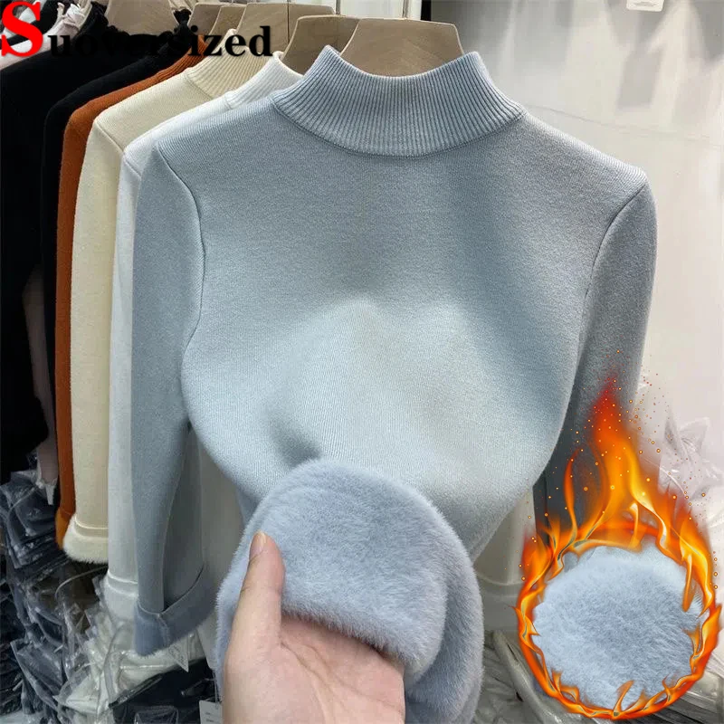 Slim Velvet Lined Winter Mock Neck Sweater Thicken Casual Knitwear Sueter Soft Long Sleeve Tops Warm Women's Bottomed Pullover
Slim Velvet Lined Winter Mock Neck Sweater Thicken Casual Knitwear Sueter Soft Long Sleeve Tops Warm Women's Bottomed Pullover
