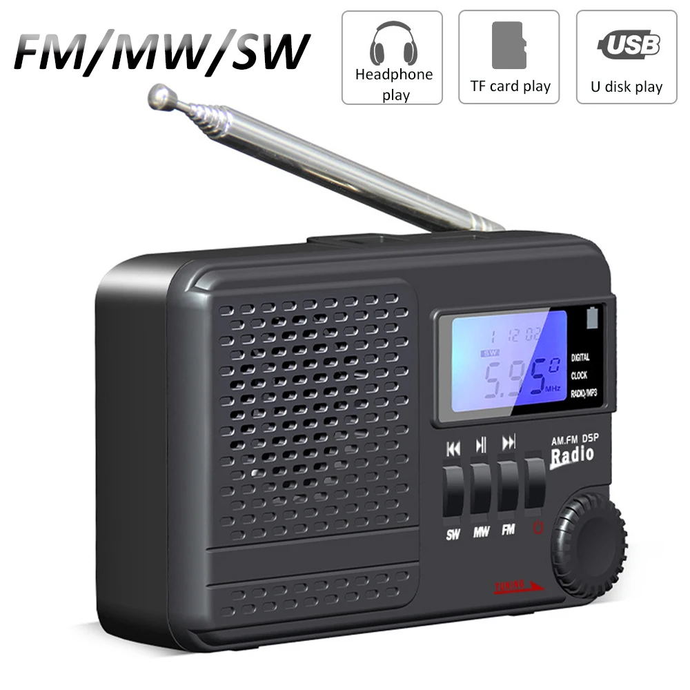Portable Digital Radio Pocket FM/MW/SW Receiver TF/USB MP3 Player with LCD Display Support Timed Sleep/Headphones/Alarm Clock
Portable Digital Radio Pocket FM/MW/SW Receiver TF/USB MP3 Player with LCD Display Support Timed Sleep/Headphones/Alarm Clock