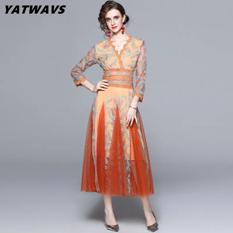YATWAVS Fashion Luxury Dot Embroidery Mesh Dresses For Women Summer V-Collar See Through Designer High Waist Party Long Dress
YATWAVS Fashion Luxury Dot Embroidery Mesh Dresses For Women Summer V-Collar See Through Designer High Waist Party Long Dress
