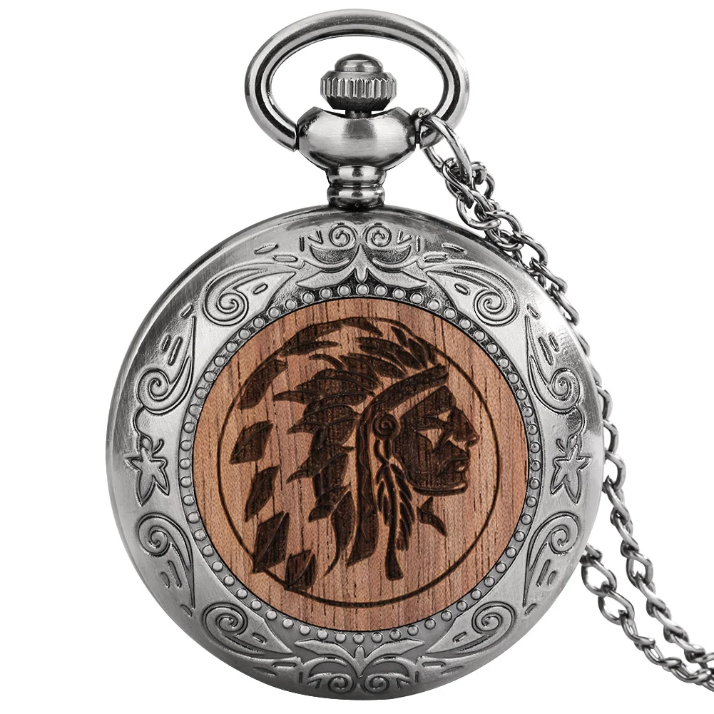 

Engraved Tribal Chief Round Walnut Wood Quartz Pocket Watch Men Women Vintage Alloy Case Grey Black Pocket Clock Gift New 2022