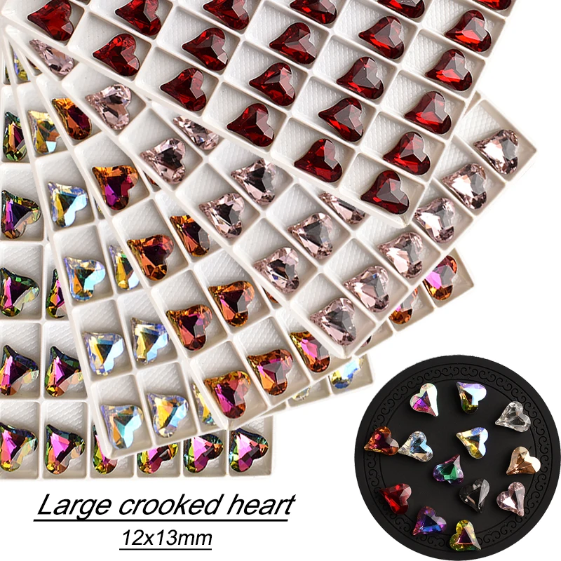

12x13mm Large Pointed Bottom Crooked Peach Heart Nail Art Rhinestone Mixed Color Crystal K9 Glass Manicure DIY Decoration 30pcs