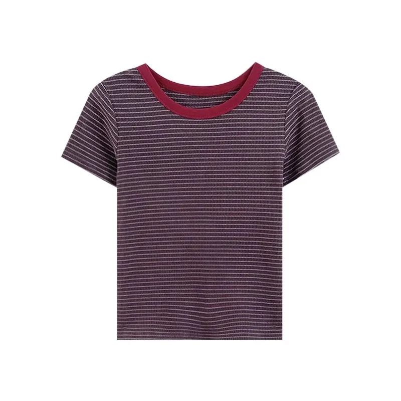 Japanese retro patchwork contrasting round neck slim fitting striped knit T-shirt
Japanese retro patchwork contrasting round neck slim fitting striped knit T-shirt