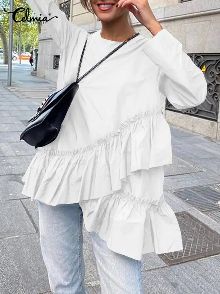 

Celmia Long Sleeve Streetwear Tunic Tops Asymmetrical Ruffles Casual Solid Color Fashion Shirts Round Neck Women Blouses Femme