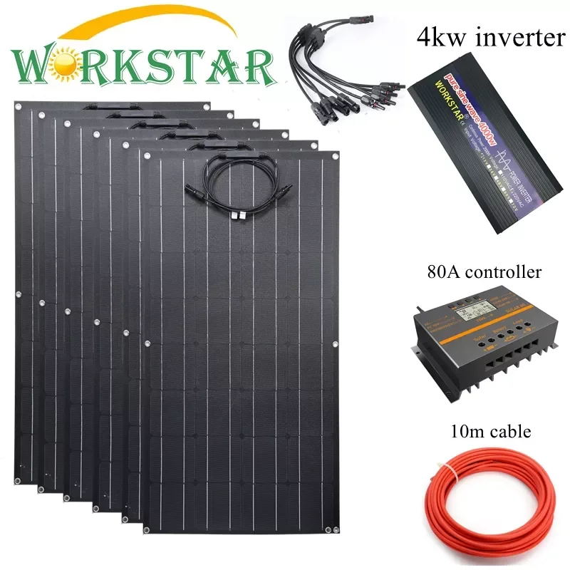 Workstar 6 x100W Flexible Solar Panel ETFE Panel Solar 12V Solar charger 600W solar system with 4kw inverter Solar Kit
Workstar 6 x100W Flexible Solar Panel ETFE Panel Solar 12V Solar charger 600W solar system with 4kw inverter Solar Kit
