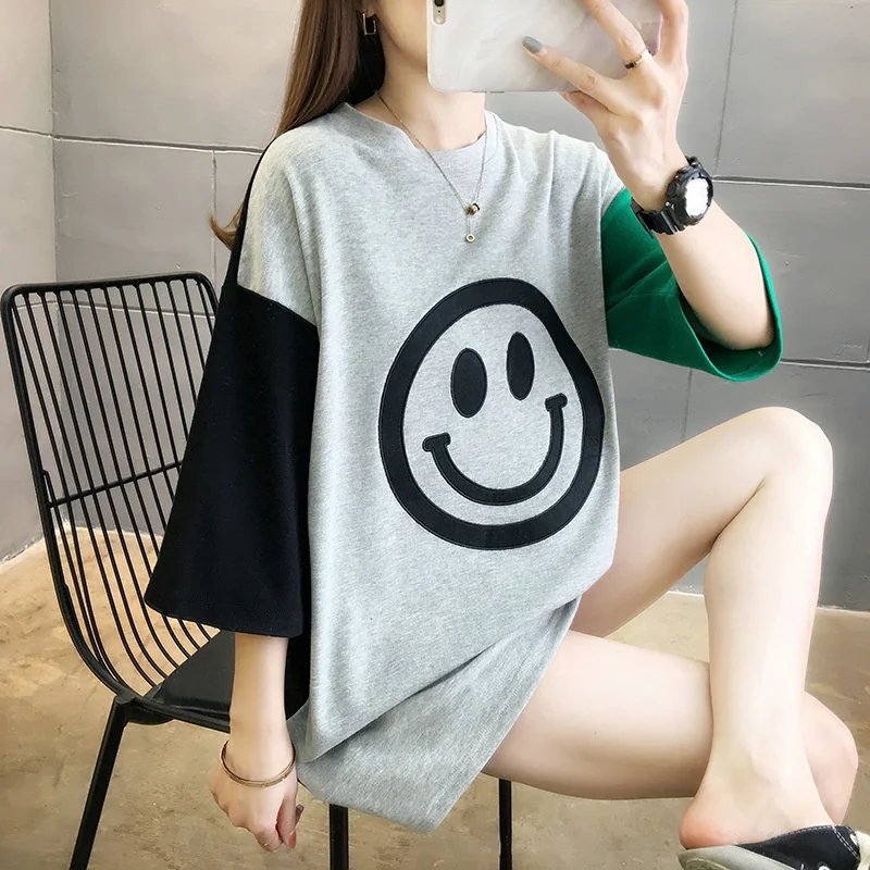 

#0849 Embroidery Smile Face Short Sleeve T Shirt Women Loose Spliced Color Long T Shirt Female Cotton Streetwear Tee Black Grey