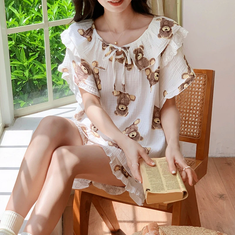 Summer Women's Pajamas Set Doll Collar Sleepwear Cartoon Bear Printing Cotton Pyjama Girl Homewear Short Sleeve Pijama Mujer
Summer Women's Pajamas Set Doll Collar Sleepwear Cartoon Bear Printing Cotton Pyjama Girl Homewear Short Sleeve Pijama Mujer