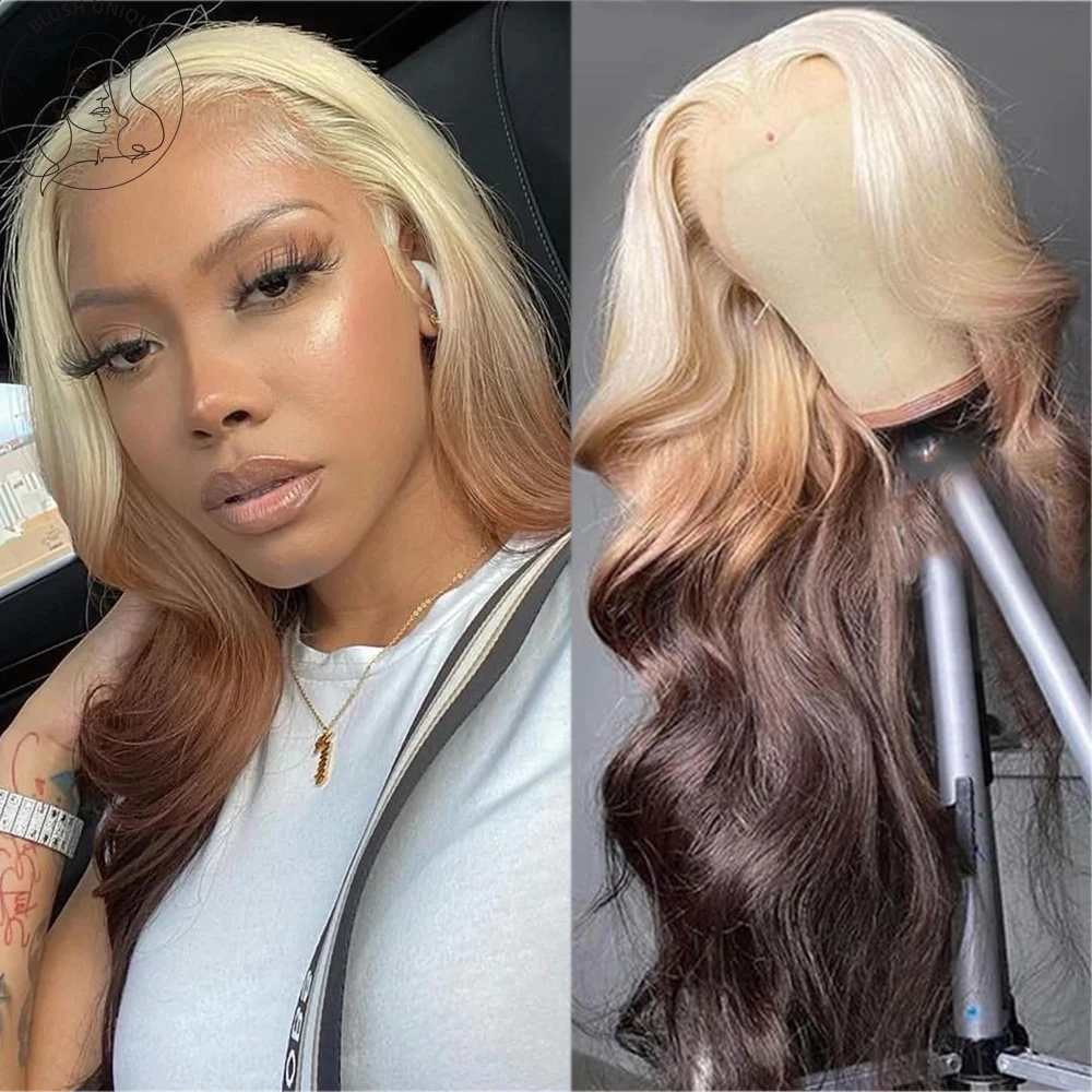 

13X4 Lace Wigs Ombre Colored Straight Brown Lace Wig Blonde 613 Roots With Black Ends Synthetic Glueless Lace Wig Cosplay Wigs