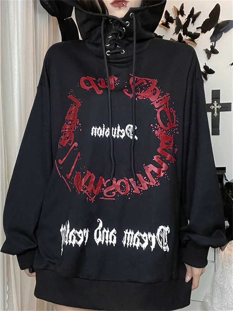 Dark Gothic High Neck Strap Personality Grunge Y2k Sweater Harajuku Retro Letter Print Hooded Loose Sweater 2022 New Autumn Top
Dark Gothic High Neck Strap Personality Grunge Y2k Sweater Harajuku Retro Letter Print Hooded Loose Sweater 2022 New Autumn Top
