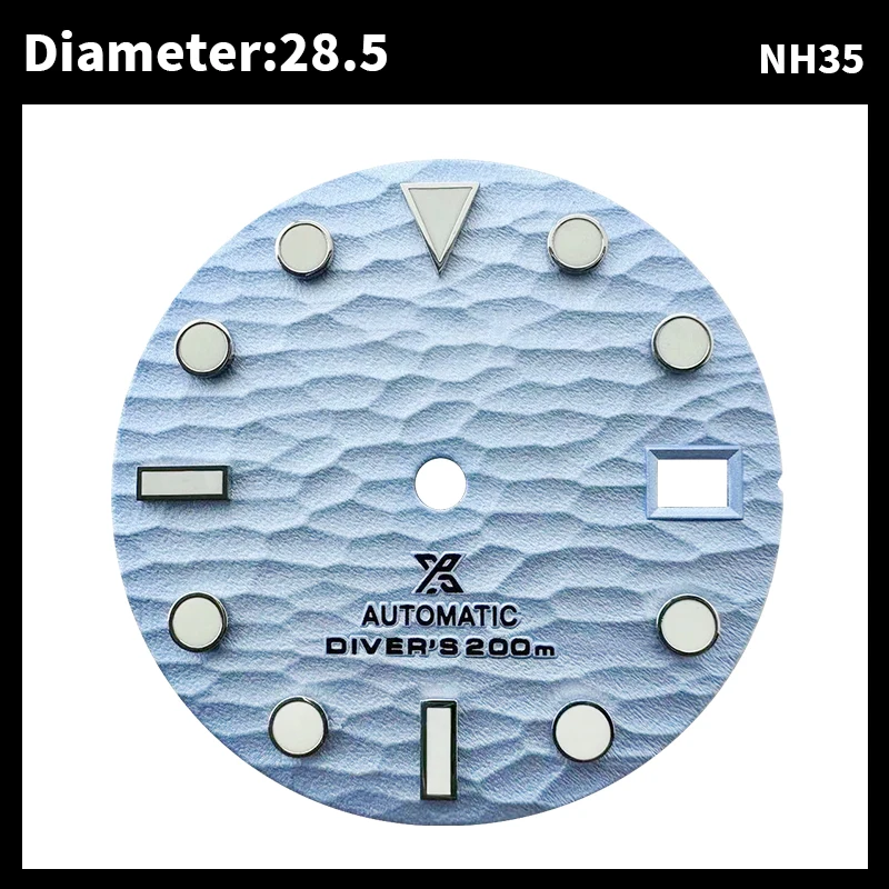 28.5mm Blue Luminous wave Dial Watches Accessories for NH35 Automatic Movement With S Logo Customizable Logo
28.5mm Blue Luminous wave Dial Watches Accessories for NH35 Automatic Movement With S Logo Customizable Logo