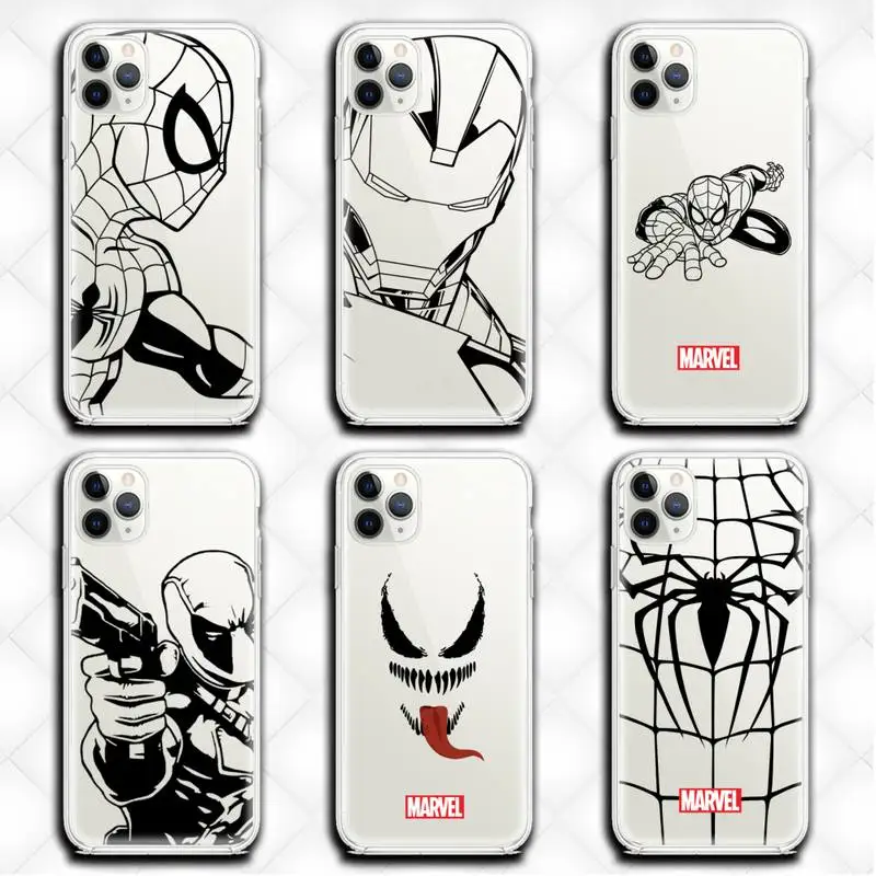 Marvel Black and White Spider-Man Iron Man Phone Case Clear for iphone 13 12 11 Pro max mini XS 8 7 Plus X SE 2020 XR cover
Marvel Black and White Spider-Man Iron Man Phone Case Clear for iphone 13 12 11 Pro max mini XS 8 7 Plus X SE 2020 XR cover