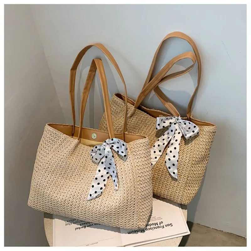 Casual Straw Women's New One-Shoulder Silk Scarf Bowknot Woven Handbag Summer Beach Bag Large Capacity Portable Lady Tote Bag
Casual Straw Women's New One-Shoulder Silk Scarf Bowknot Woven Handbag Summer Beach Bag Large Capacity Portable Lady Tote Bag