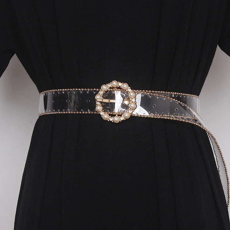 Transparent Holographic PVC Belts For Women Imitation Pearls Rhinestones Buckle Fashion Decorative Dress Corset Waist Waistband
Transparent Holographic PVC Belts For Women Imitation Pearls Rhinestones Buckle Fashion Decorative Dress Corset Waist Waistband