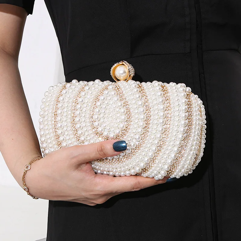 

New Women Evening Clutches Vintage Ladies Pearl Dinner Handbag Hand-beaded Embroidered Bag Diamond-studded Banquet Dress Pouch