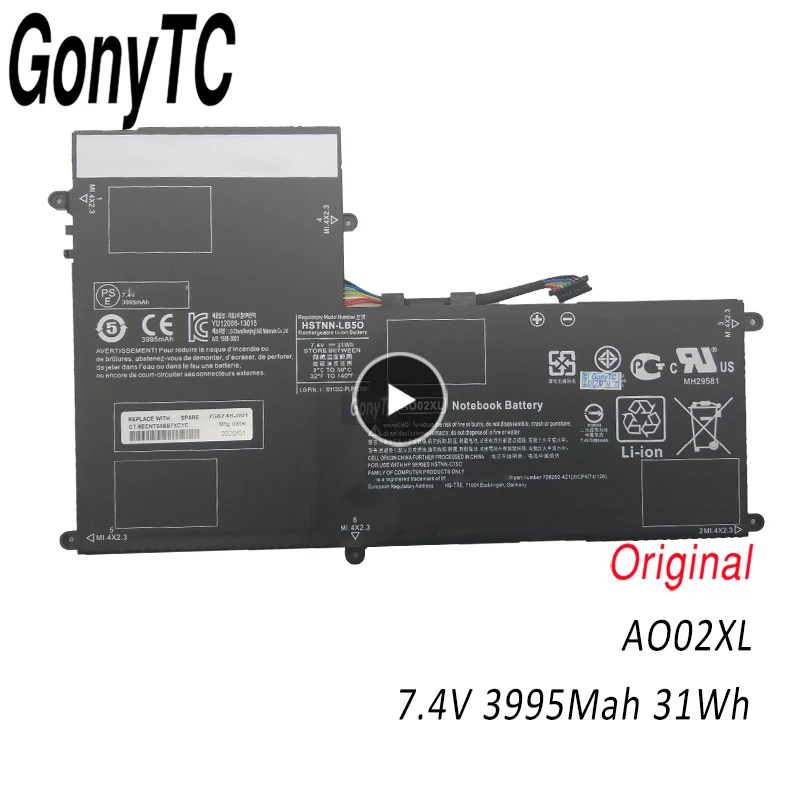 GONYTC AO02XL Notebook Battery For HP ElitePad 1000 G2 HSTNN-LB5O 728250-1C1 728558-005 728250-421 A002XL
GONYTC AO02XL Notebook Battery For HP ElitePad 1000 G2 HSTNN-LB5O 728250-1C1 728558-005 728250-421 A002XL