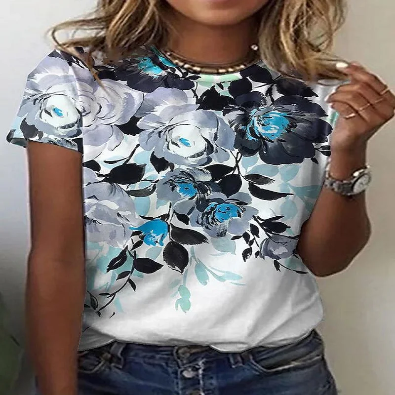 Summer Blue Floral Theme Fashion Women's Round Neck New 3D Women's T-shirt Outdoor Leisure
Summer Blue Floral Theme Fashion Women's Round Neck New 3D Women's T-shirt Outdoor Leisure