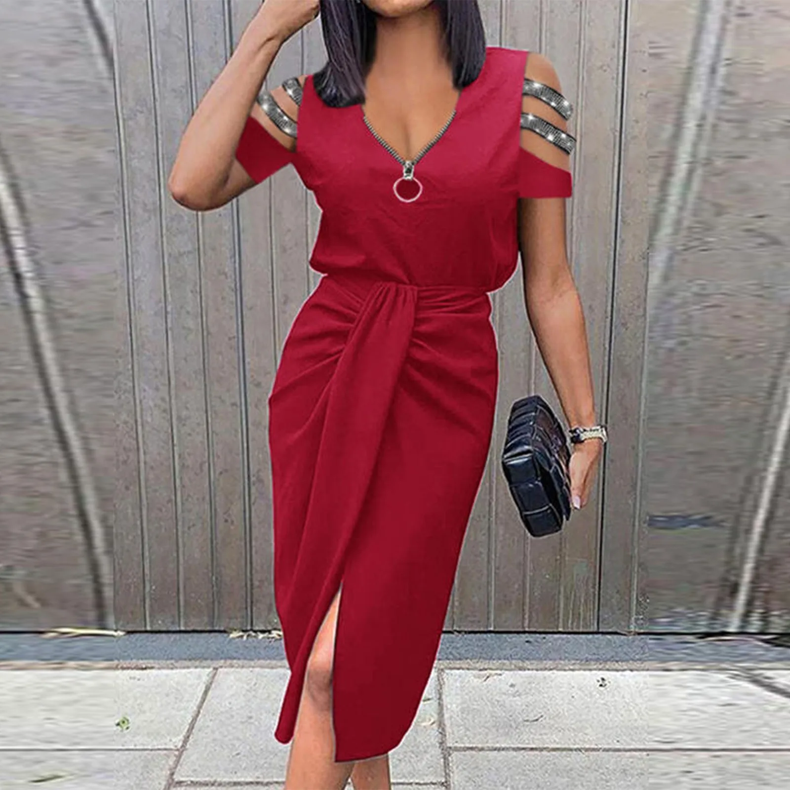 Women's Dress Solid Color V Neck Off The Shoulder Short Sleeve Slit Dress Ladies Office V Neck Solid Party Dresses For Women
Women's Dress Solid Color V Neck Off The Shoulder Short Sleeve Slit Dress Ladies Office V Neck Solid Party Dresses For Women