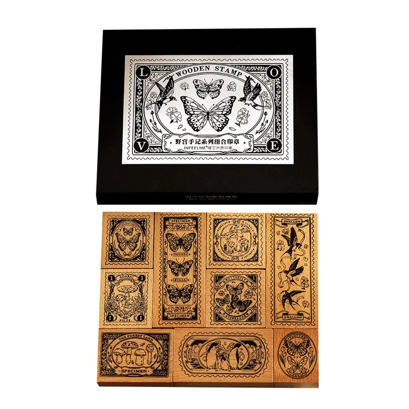 

9Pcs Vintage Wooden Rubber Stamp Set,Butterfly & Mushroom Scrapbooking Stamps For Junk Journal DIY Craft Scrapbook