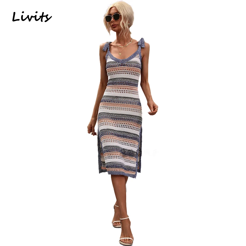 Women's long dresses slim knitted hollow out striped patchwork sleeveless spring summer SA1428
Women's long dresses slim knitted hollow out striped patchwork sleeveless spring summer SA1428