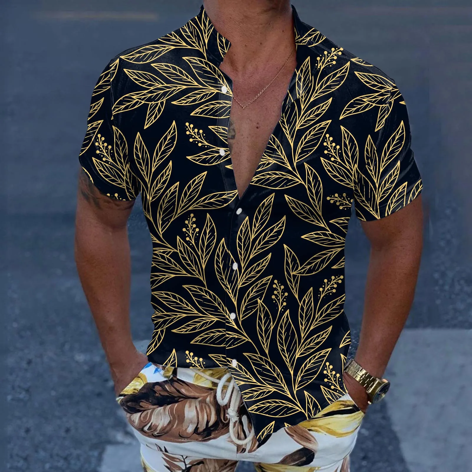 2023 Summer Golden Leaves Men Oversized Hawaii Short Sleeve Beach Shirts Mens Vintage Ethnic Print Black Shirt Camisa Masculin
2023 Summer Golden Leaves Men Oversized Hawaii Short Sleeve Beach Shirts Mens Vintage Ethnic Print Black Shirt Camisa Masculin