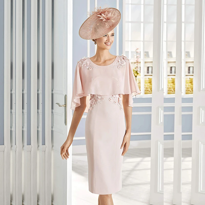 Elegant Pale Pink Mother of the Bride Dresses Mermaid Applique O-Neck Knee Length With Shawl Sleeves Formal Wedding Party Gowns
Elegant Pale Pink Mother of the Bride Dresses Mermaid Applique O-Neck Knee Length With Shawl Sleeves Formal Wedding Party Gowns