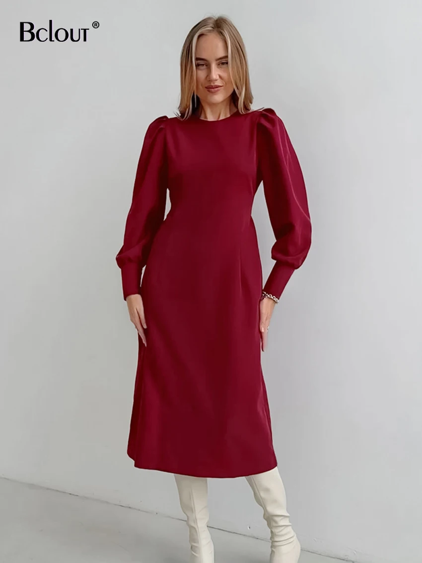 

Bclout элегантное Красное длинное женское платье 2023 винтажное однотонное офисное платье с О-образным вырезом и длинным рукавом модное тонкое платье-трапеция со шнуровкой