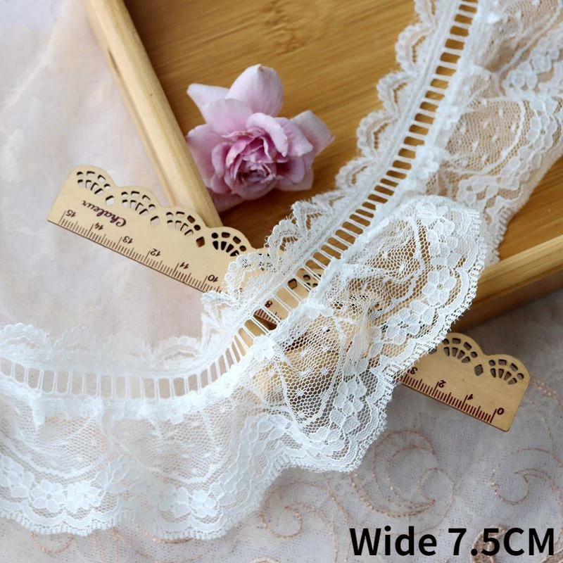 

7.5CM Wide Luxury White Voile Lace Fabric Embroidered Fringed Ribbon Dress Collar Cuffs Ruffle Trim Clothing DIY Sewing Material