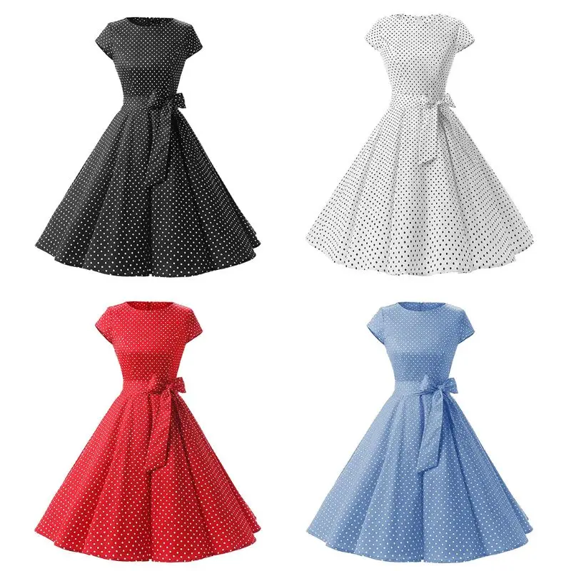 Womens 1950s Vintage Rockabilly Prom Dress Cap-Sleeve Small Polka Dot Printed Be 10CE 
Womens 1950s Vintage Rockabilly Prom Dress Cap-Sleeve Small Polka Dot Printed Be 10CE