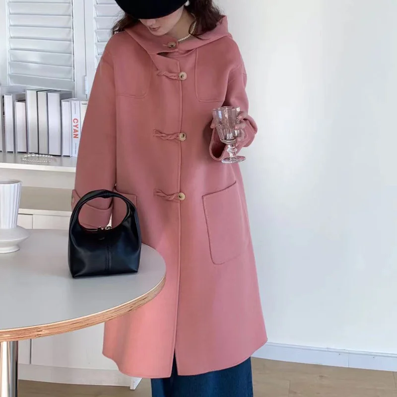Design sense Fried Dough Twists button hooded double faced woolen coat women's 2022 winter new medium length double faced 
Design sense Fried Dough Twists button hooded double faced woolen coat women's 2022 winter new medium length double faced