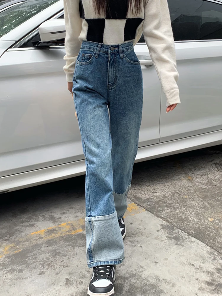 

bule Baggy Jeans Women High Waisted Vintage Denim Pants Fashion New Spring Office Lady Trousers Spliced Wide Leg Loose Clothes