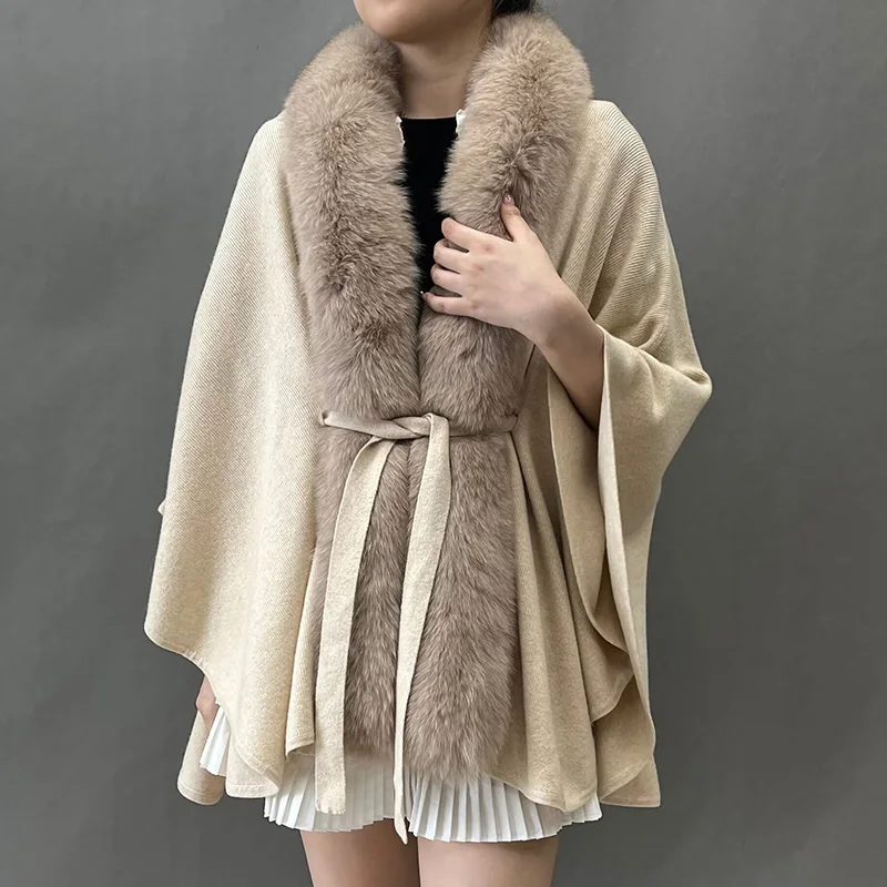 Women's Soft Warm Knitted Poncho Real Fox Fur Collar Capes With Belt Detachable Fur Autumn Winter Shawls S5583
Women's Soft Warm Knitted Poncho Real Fox Fur Collar Capes With Belt Detachable Fur Autumn Winter Shawls S5583