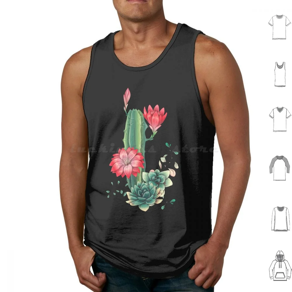 

Watercolor Cactus Flowers Tank Tops Print Cotton Botanical Watercolor Tropical Cactus Floral Cacti Desert Flowers